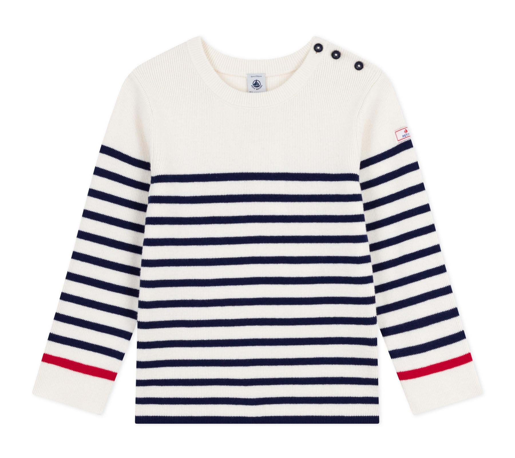 Petit Bateau Pequeño Barco sweter dziecięcy z wełny i bawełny w paski, Marshmallow/Noche, 10 lat