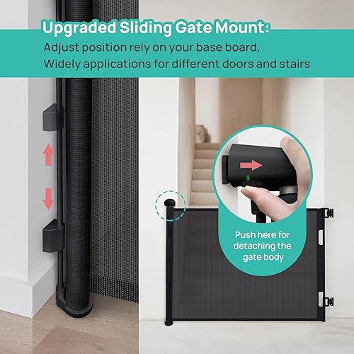 Miniatura 4 de Puerta retráctil para bebé, puerta de malla mejorada con bloqueo unidireccional de 34 pulgadas, se extiende hasta 71 pulgadas extra anchas para