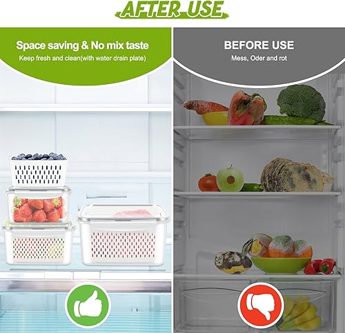 Miniatura 3 de Juego de 4 recipientes de almacenamiento de alimentos para refrigerador con coladores verdes, protector de productos frescos de plástico para