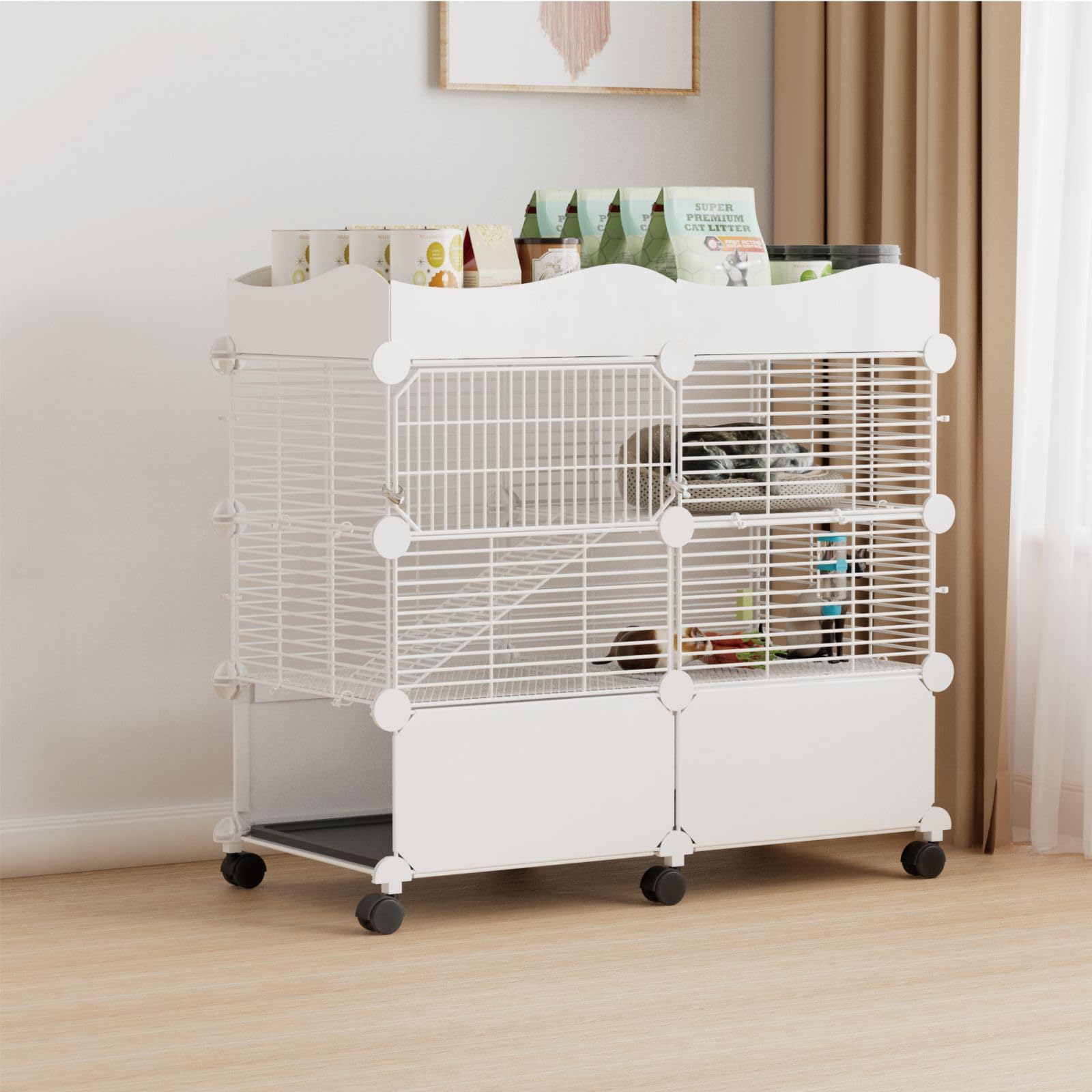 STILLCOVE Meerschweinchenkäfige mit 2 Etagen für den Innenbereich, mit Deckel und herausnehmbarem Tablett | Mit Plattform und Rampe, Universalrädern, C&C Kleintierkäfig für Frettchen, Hamster, Chinchilla, Igel, Maus, Haustier, Ratte