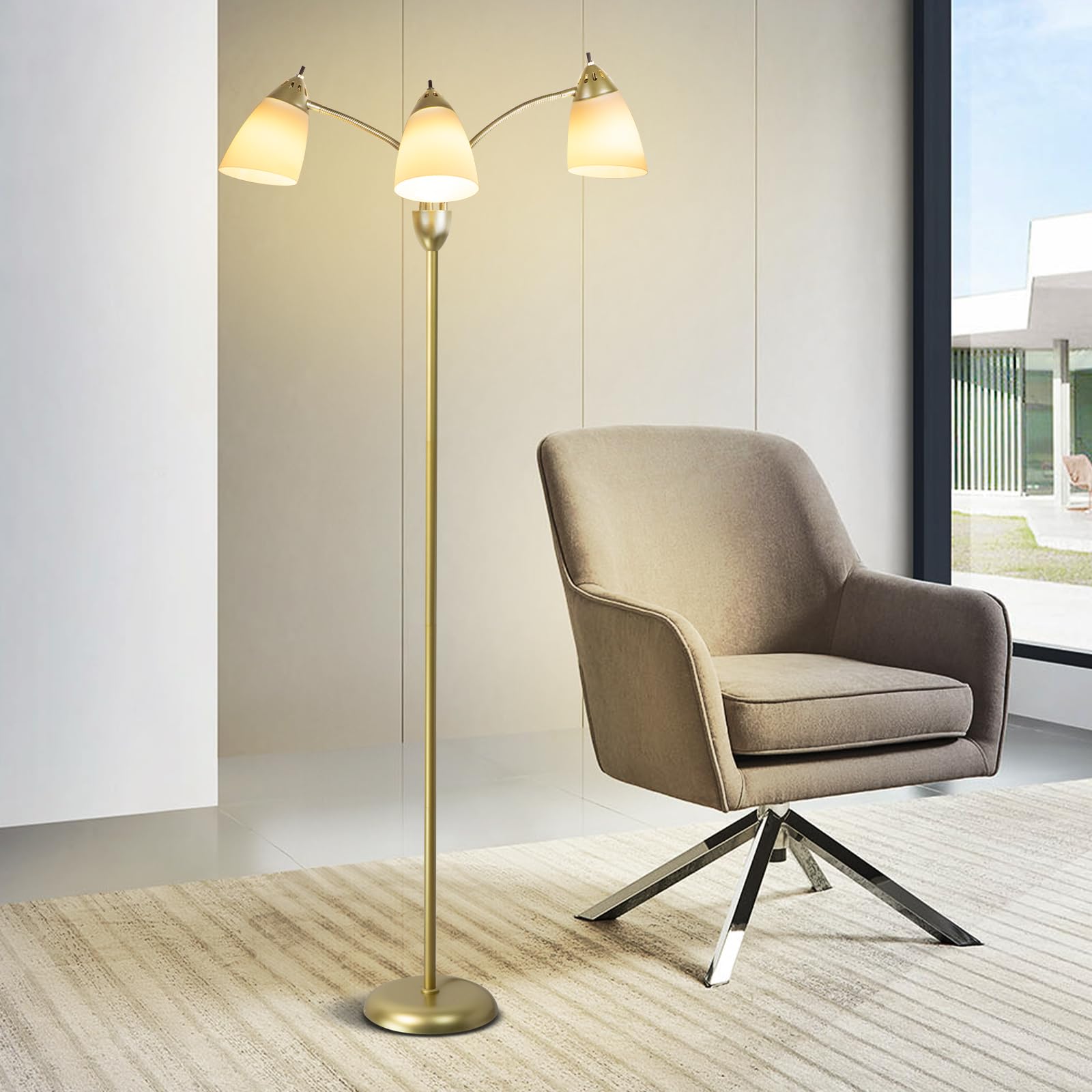 Depuley - Lampada a stelo a LED con attacco E27, luce bianca calda, stile moderno, con sfera in vetro bianco e interruttore a pedale, 3000 K, protezione per gli occhi, sala da