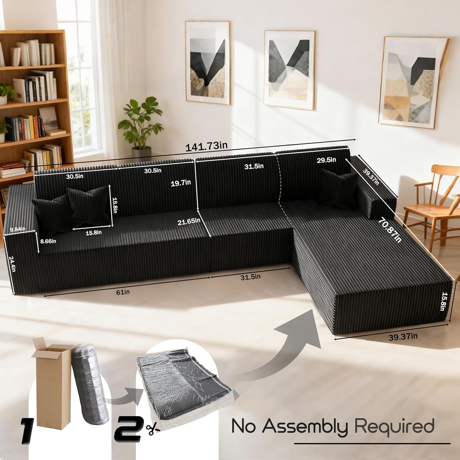 142" Boneless Couch, Cloud Modular Sectional Sofa with L-Shape Chaise, Modern Upholstered Couches for Living Room Bedroom No Assembly Required (Black, 142" Right Facing Chaise+3 Seaters)