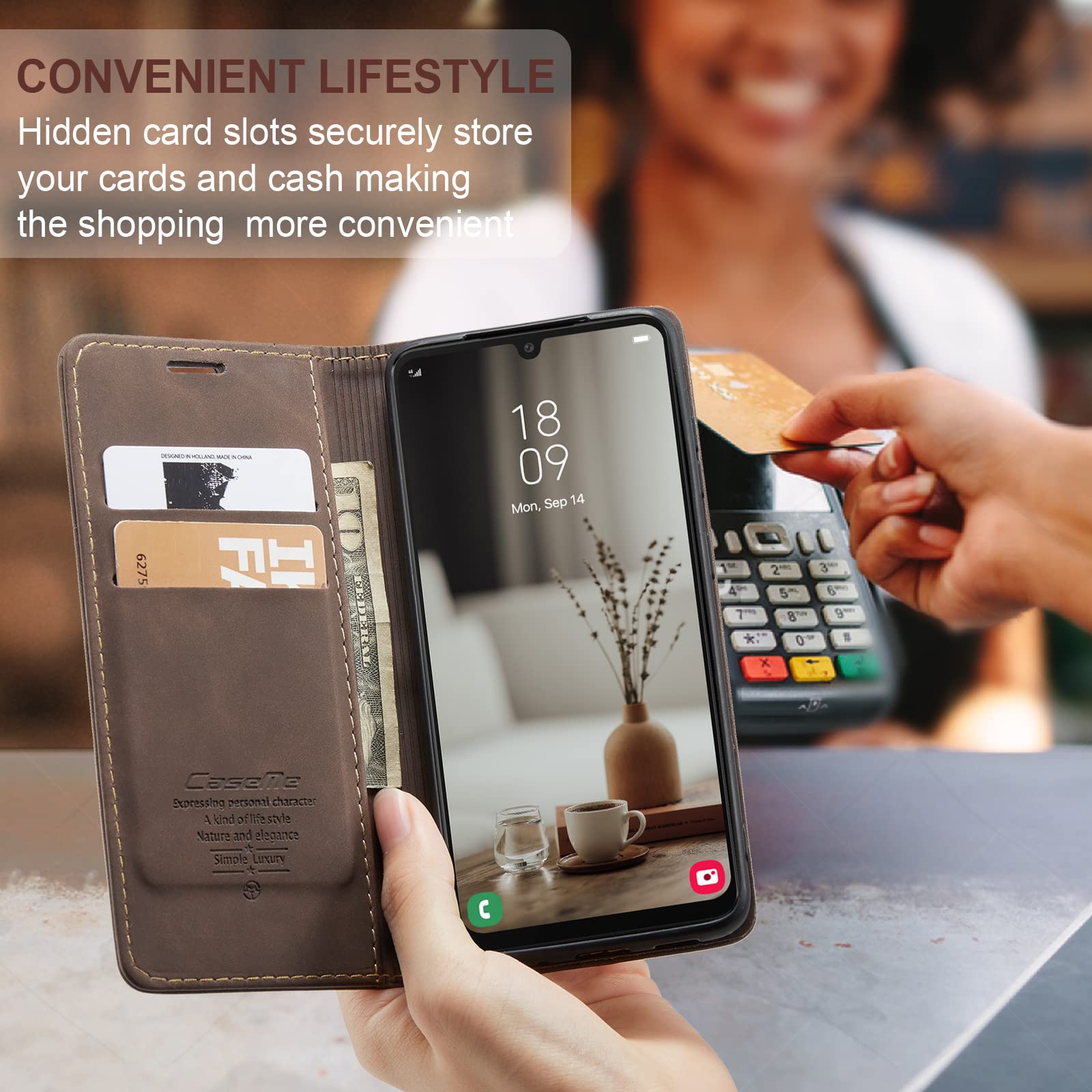 for Samsung Galaxy A34 5G Case, Flip Wallet Leather Case with Card Holder Magnetic Closure Shockproof Kickstand Protective Phone Cases Cover for Galaxy A34 6.6 Inch,Coffee — view 4
