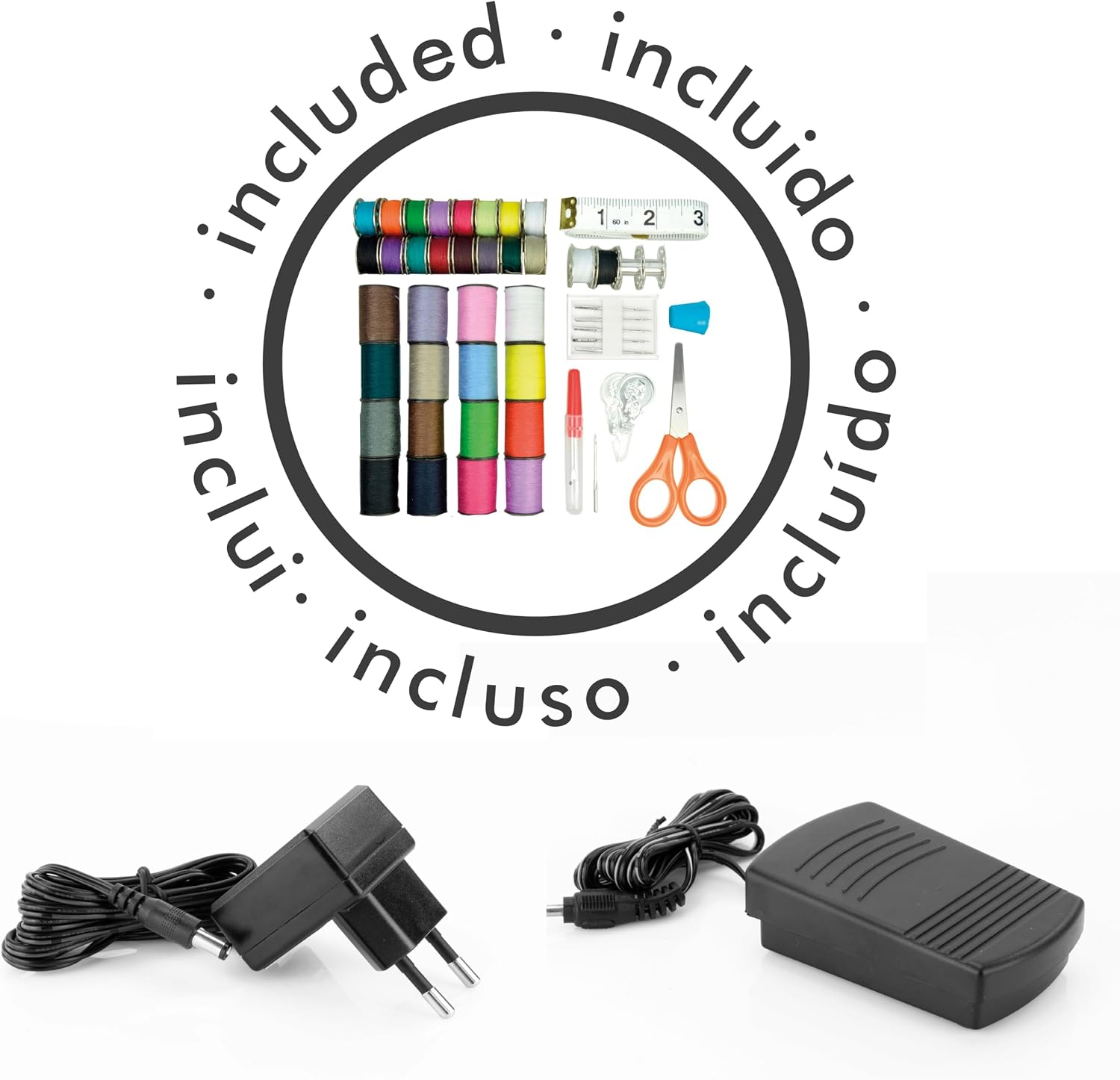 Jocca Portable Sewing Machine accessories including power adapter and foot pedal