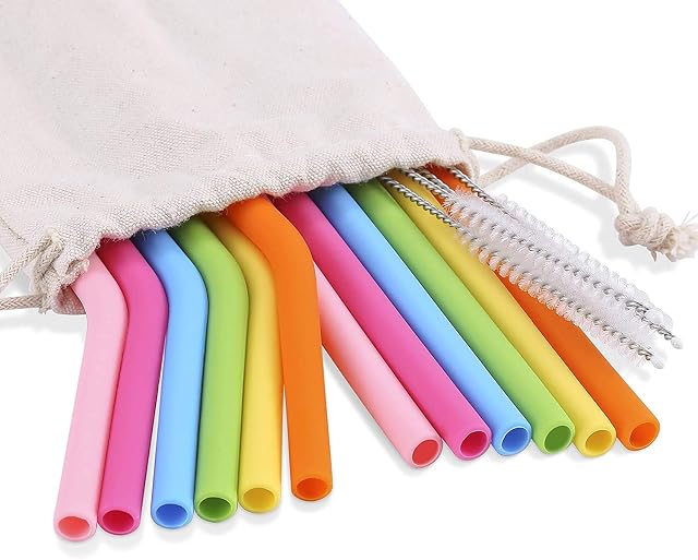 12 Pack Silicone Reusable Straws, 6 Bend + 6 Straight Colorful Reusable Drinking Straws, 10 Regular Size Flexible Straws with Cleaning Brushes Storage Bag for 30oz 20oz Tumblers - BPA Free