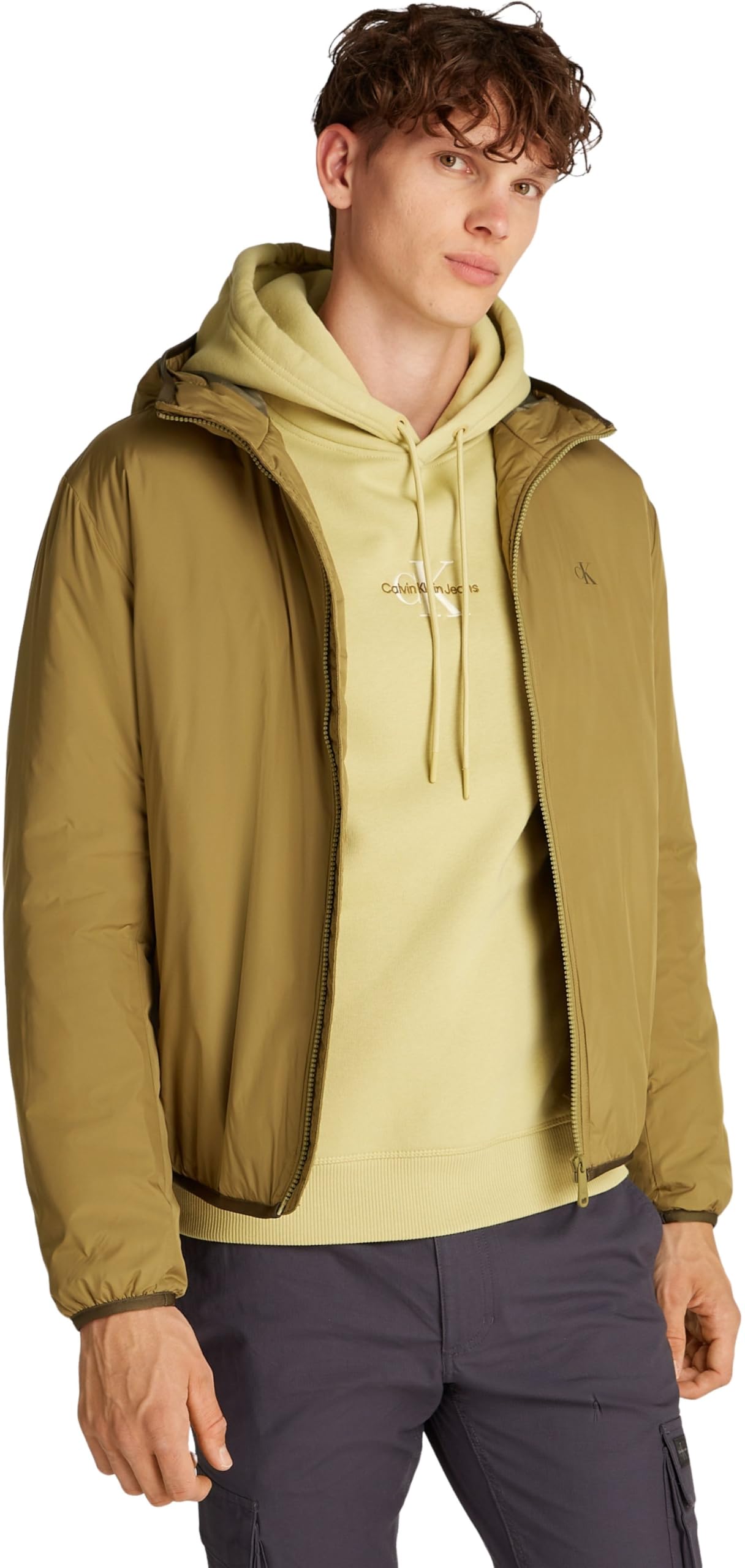 Calvin Klein Men’s High Neck Windbreaker with Hood, Green (Gothic Olive), XXL