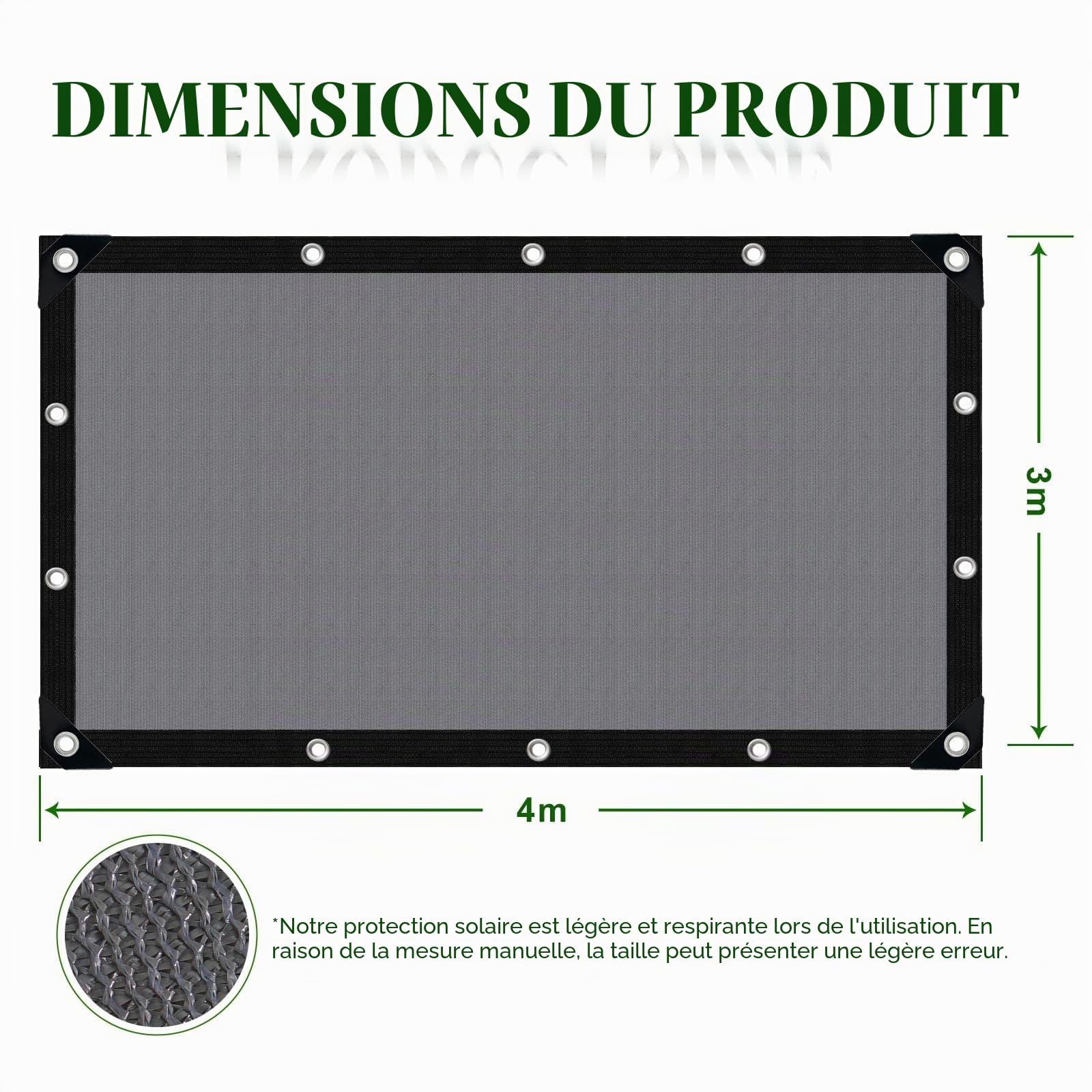 Filet d'ombrage avec œillets - 3 x 4 m - Voile d'ombrage de jardin - Protection solaire - Filet d'ombrage pour serre, terrasse, plantes, poulailler, coupe-vent et perméable à l'eau