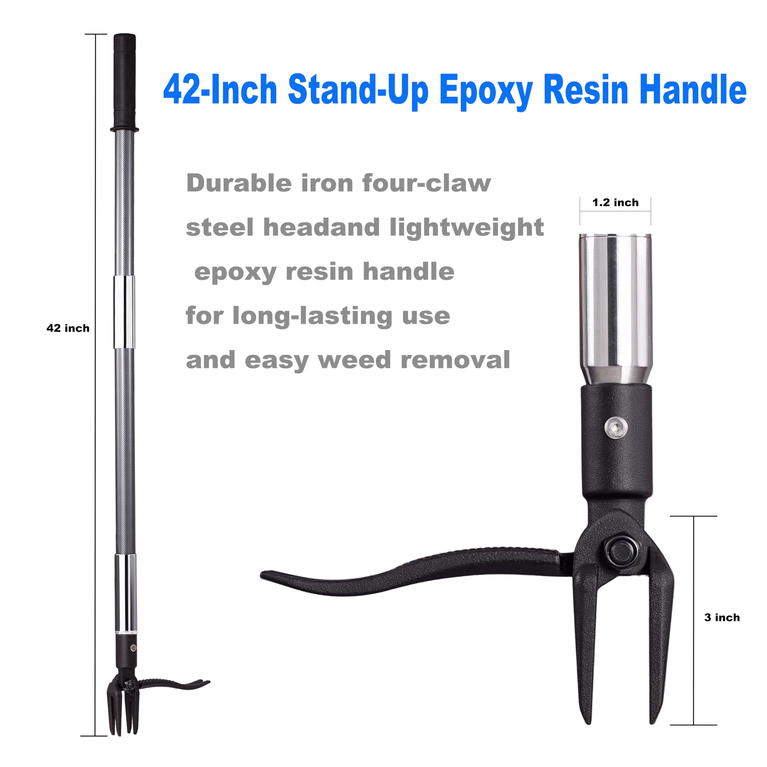 Oldriver Hand Weed Puller Stand Up Weed Puller Tool with Epoxy Resin Long Handle 4-Claw Steel Head,2-Section Design Sturdy Garden Tools-Easily Remove Weeds Without Bending, Pulling,or Kneeling