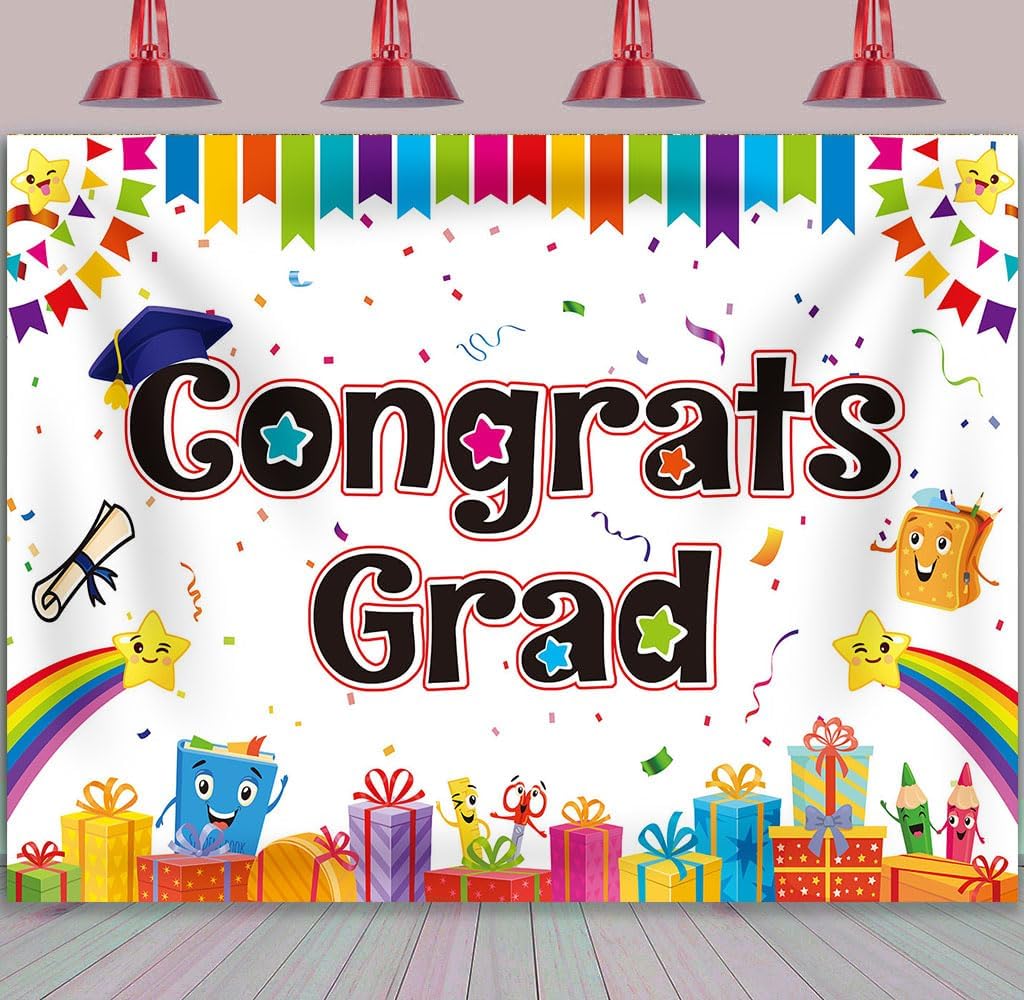7x5FT Kindergarten Graduation Backdrop Colorful Preschool Congratulatory Congrats Grad Party Decorated Banner Class 2026 Background for Kids Photo Booth Props