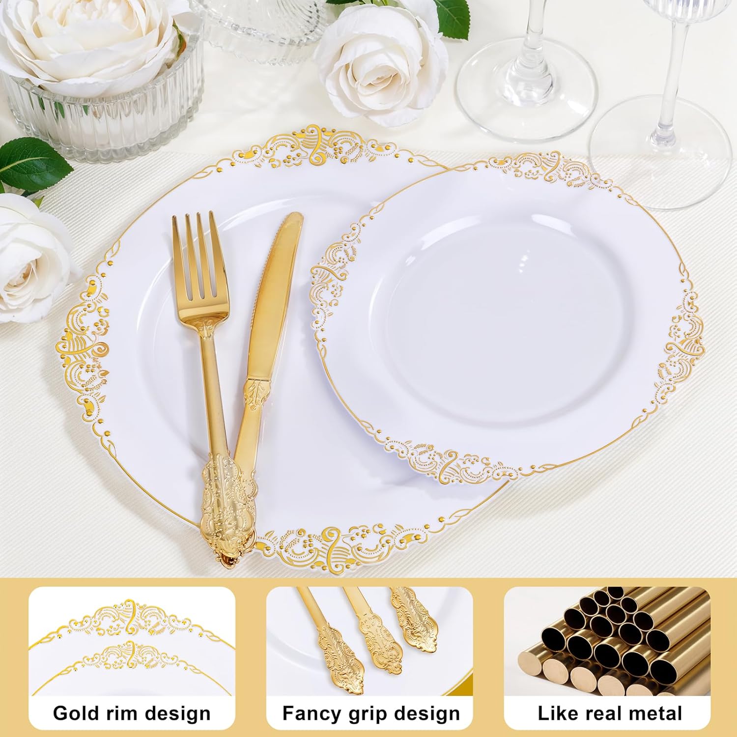 125PCS White and Gold Plastic Plates - Gold Disposable Plates with Plastic Silverware - Vintage Disposable Dinnerware Set for 25 Guests for Parties Holiday
