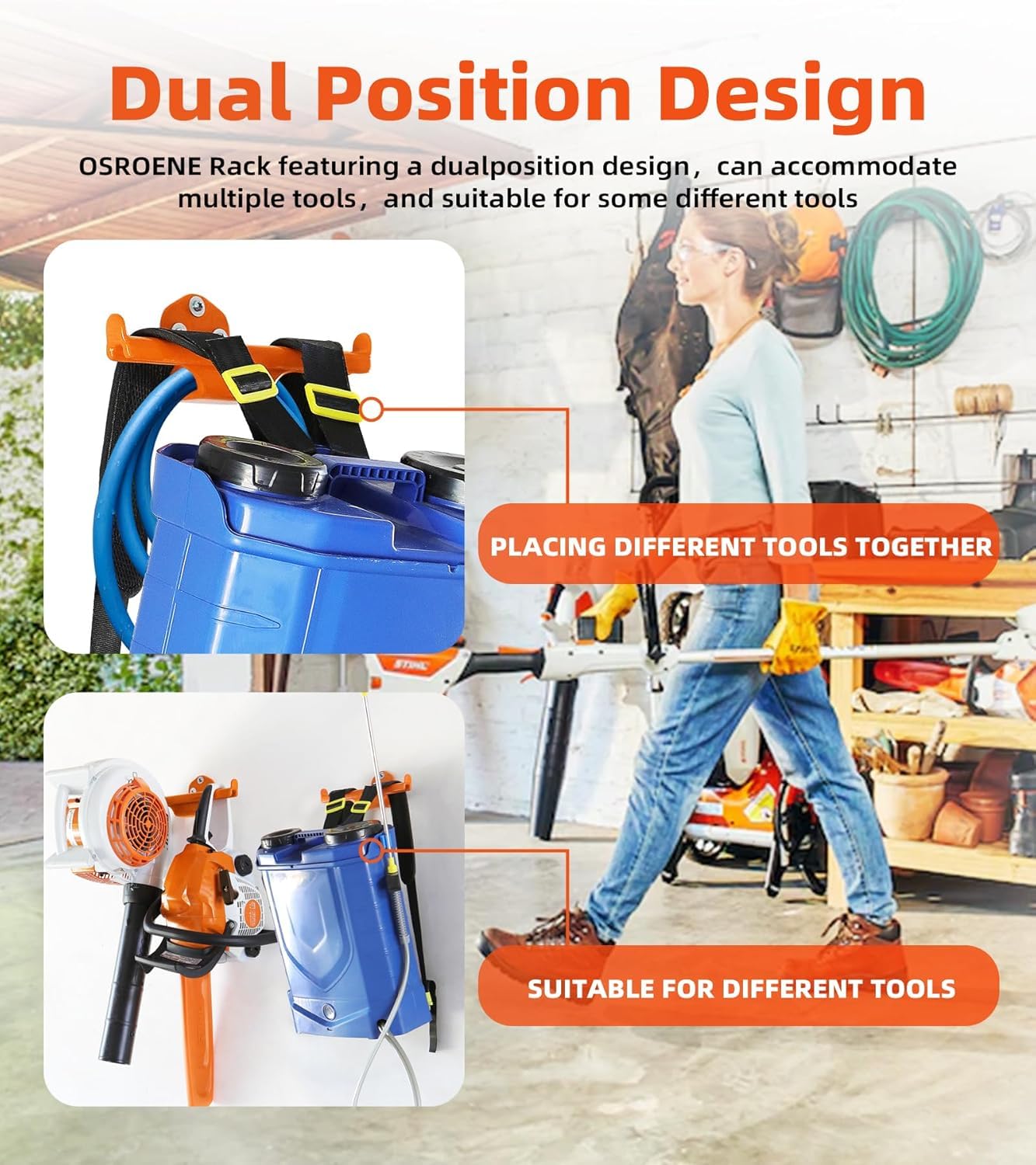 Colgador para soplador de hojas para mochila, paquete de 2 pulverizadores de mochila, soporte de pared para motosierra, accesorios de almacenamiento para organización de garaje (paquete de 2