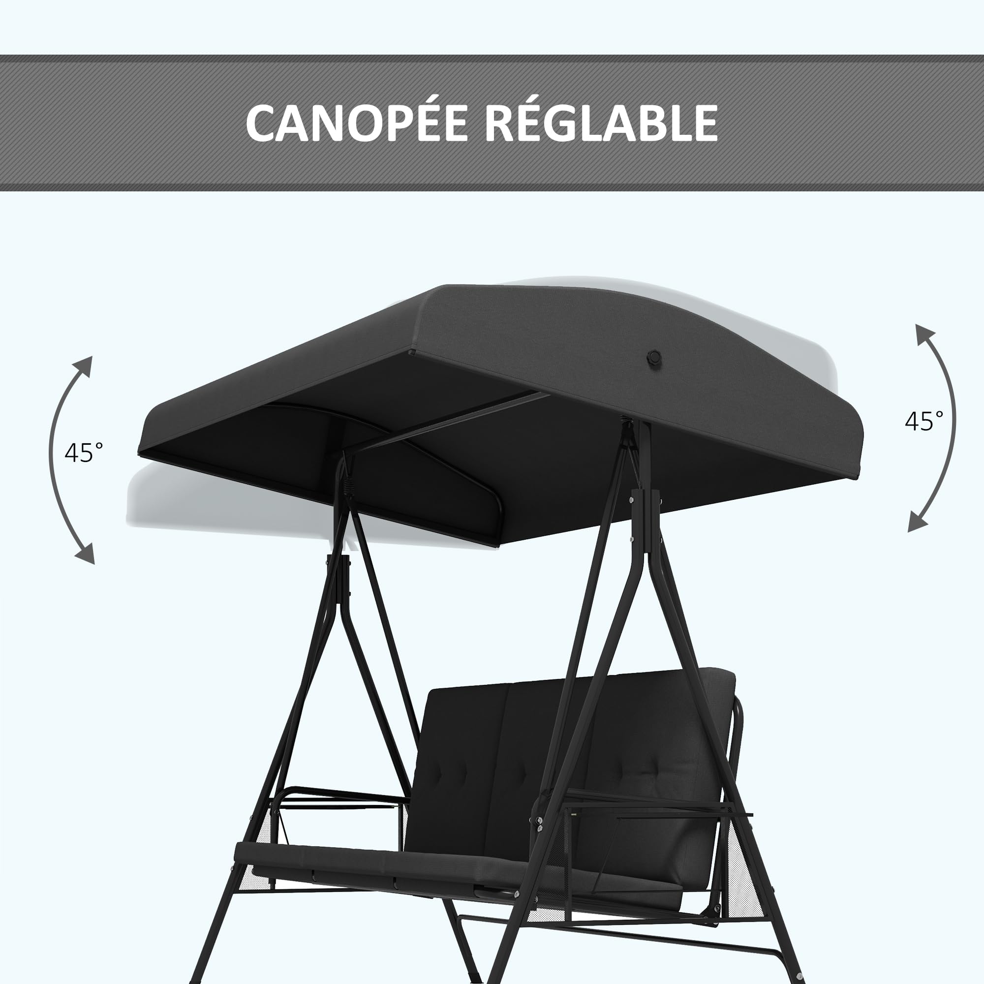 Outsunny Balancelle de Jardin 3 Places Grand Confort Toit réglable Acier Polyester Gris foncé