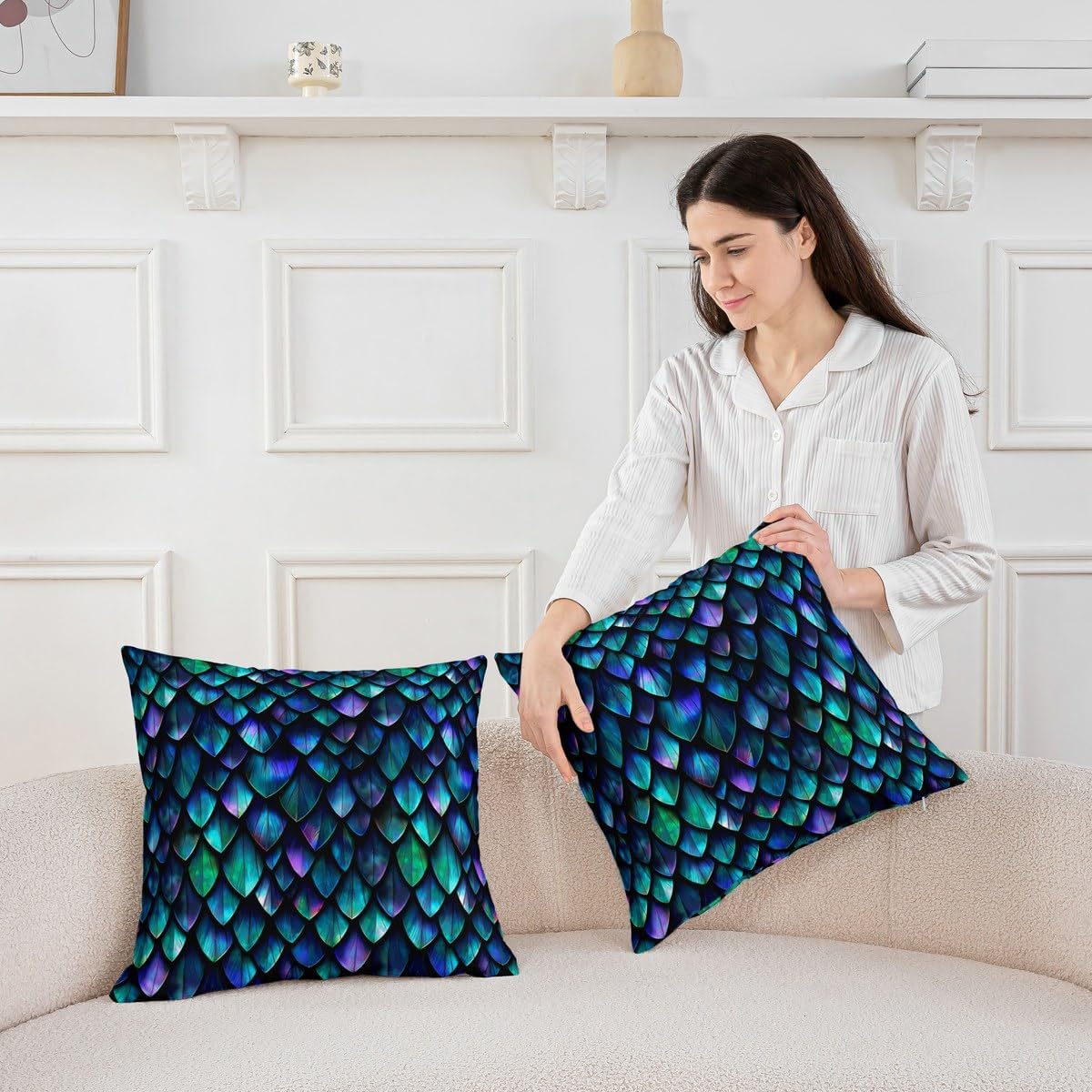 Feelyou Dragon Throw Pillow Cover 24"x24" Soft Dragon Scales Cushion Cover Pillow Case for Couch Sofa Bedroom Car Reversible Traditional Chinese Style Blue Green Decorative Throw Pillowcase