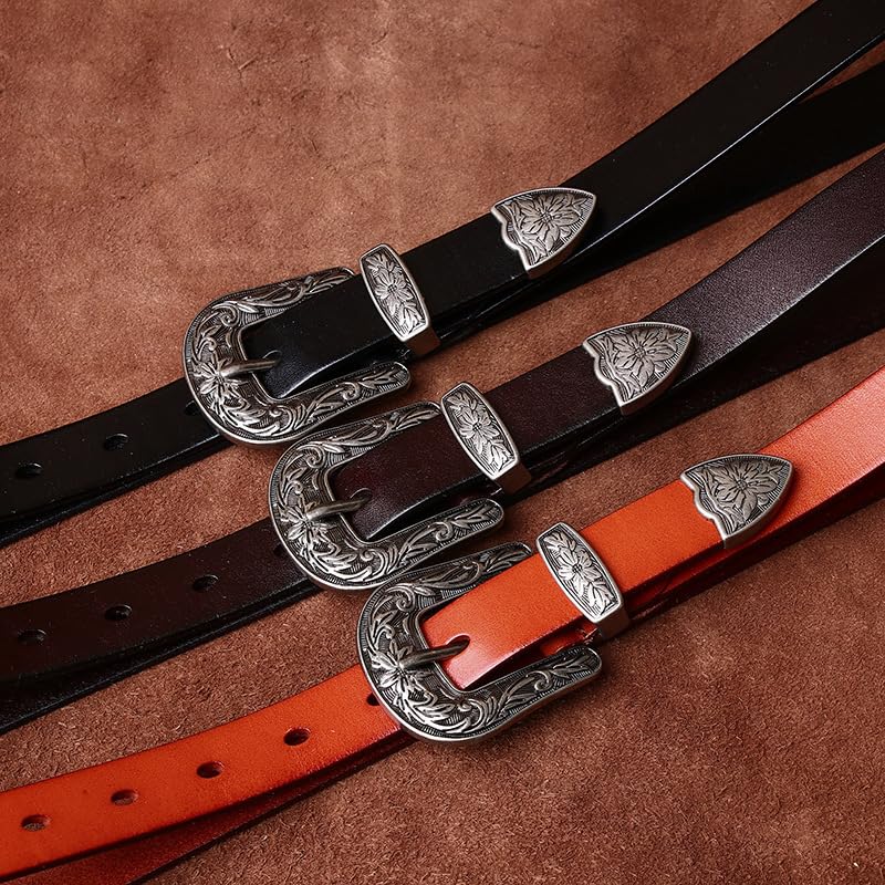 Women's Vintage Leather Western Belt - 2.4cm Wide, Engraved Floral Buckle, Cowgirl Waist Strap For Jeans/Pants/Dresses 5