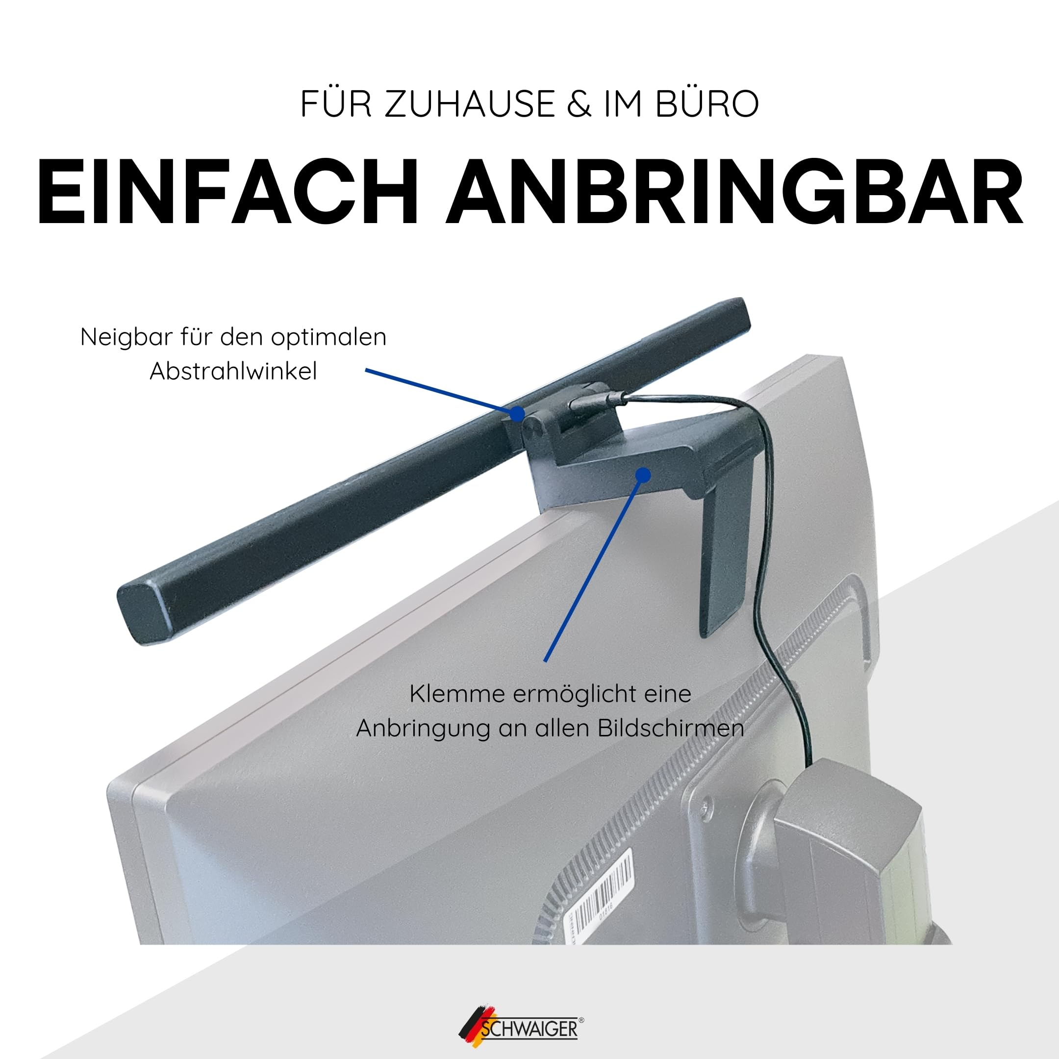 SCHWAIGER 659931 Lampe LED pour moniteur Capteur tactile intégré Lampe de bureau Screenbar Lumière du moniteur à intensité variable Connexion USB