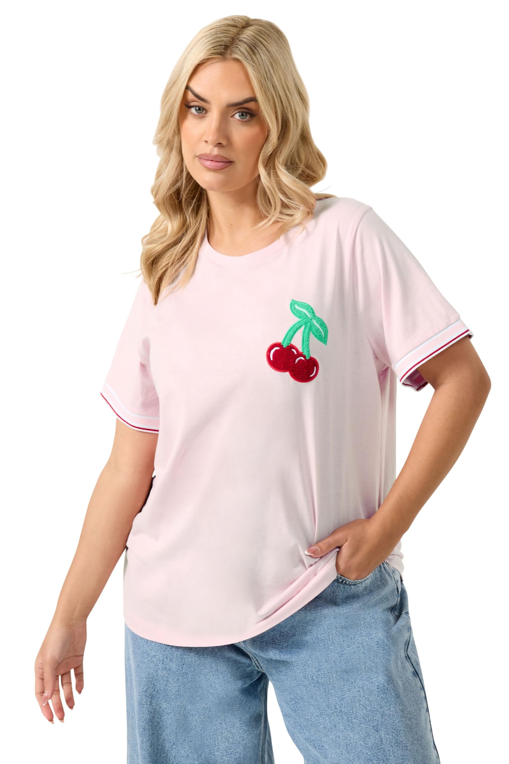 Yours Women's Light Pink Cherry Varsity Trim T-Shirt In | Size: 20