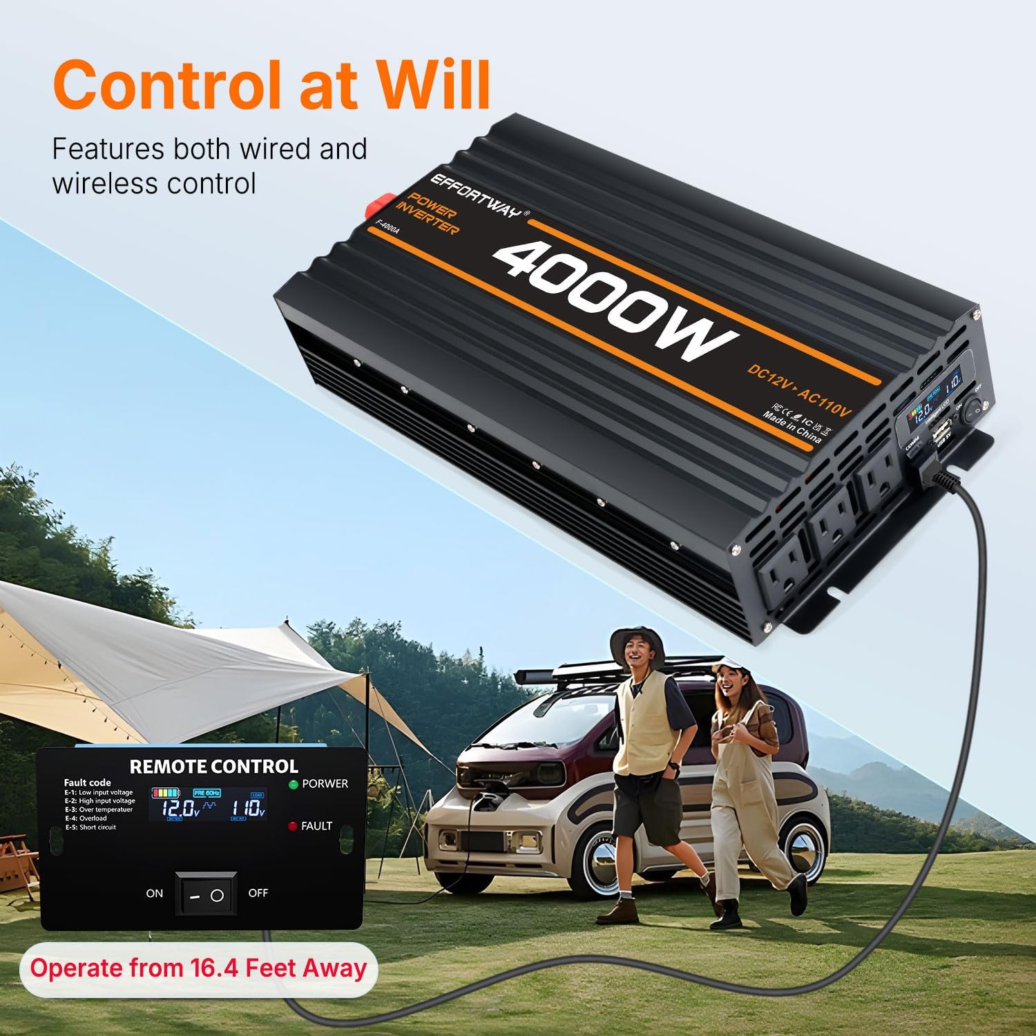 4000W Power Inverter, 12V DC to 110V/120V Modified Sine Wave Inverter with 3 AC Outlets, USB Port, Wired Remote Controller, Car Power Inverter for RV, Truck, Boat, Camping, Off-Grid