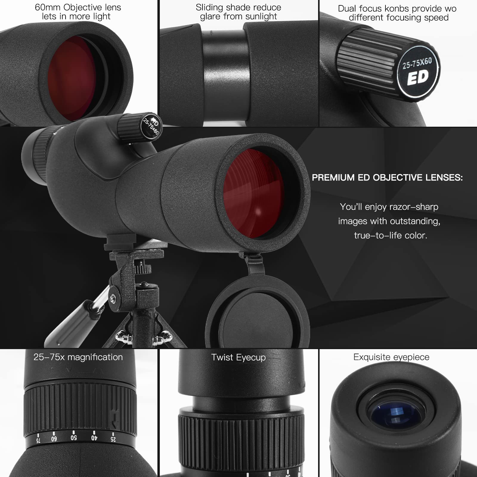 Alcance de detección, monoculares de doble enfoque de alta potencia para adultos, lente de 60 mm, telescopio resistente al agua para la vida silvestre, paisajes, regalos para hombres (negro)