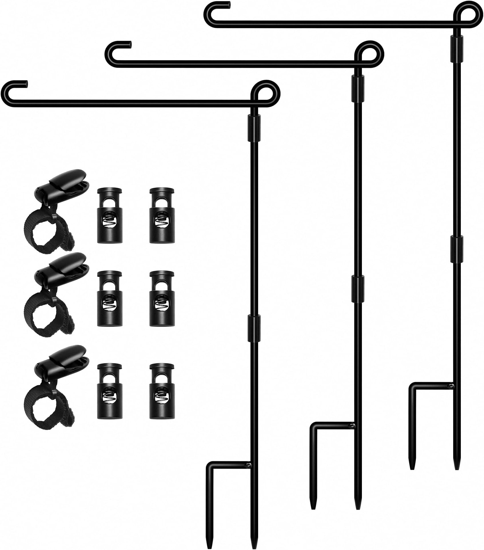 HOOSUN Garden Flag Stand, Premium Garden Flag Pole Holder Metal Powder-Coated Weather-Proof Paint with one Tiger Clip and Two Spring Stoppers Without Flag 3 Pack