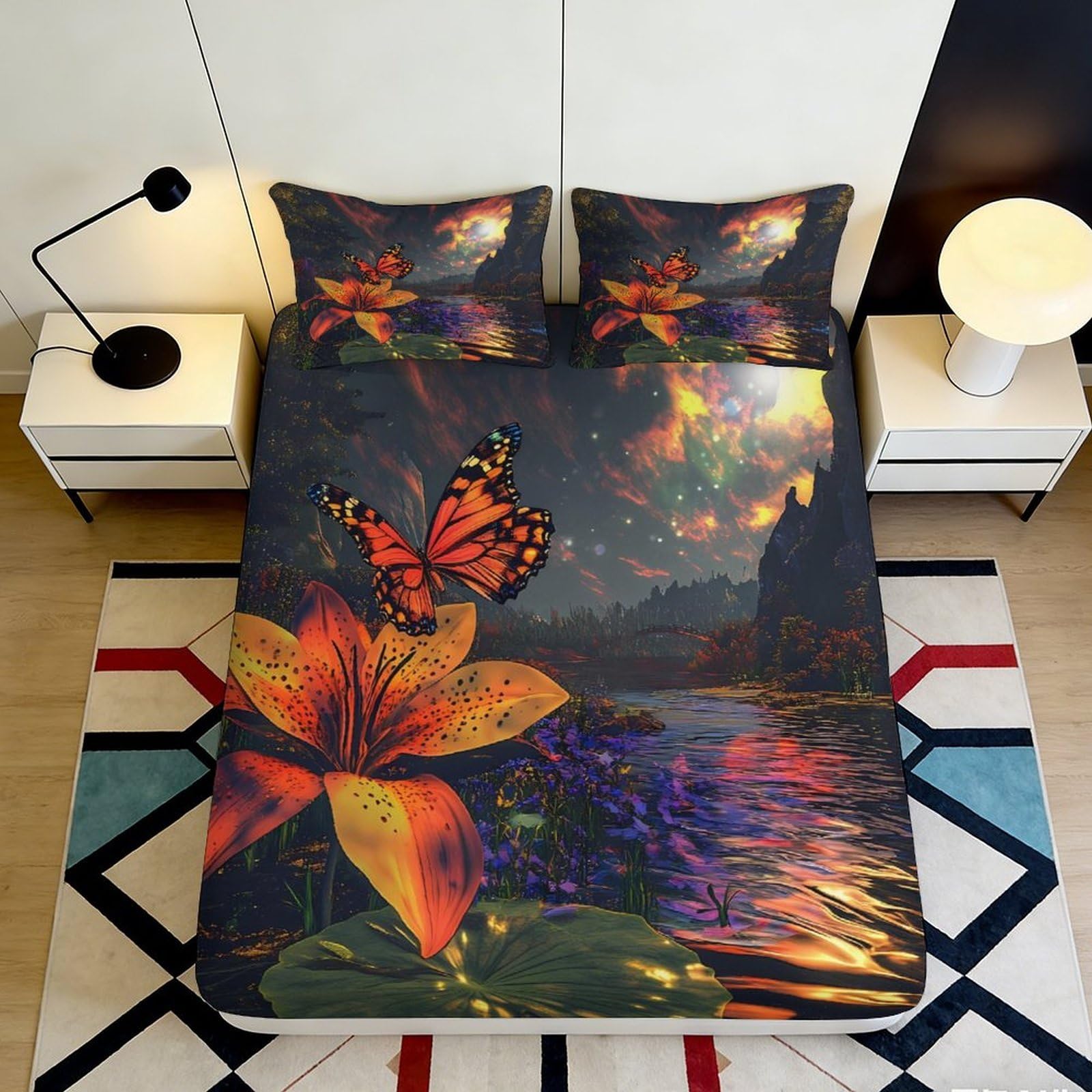 3D Printed Butterfly Flower Fitted Sheet Microfiber Orange Artistic Bed Sheet Bedroom Decor Mattress Cover 90x200x25cm