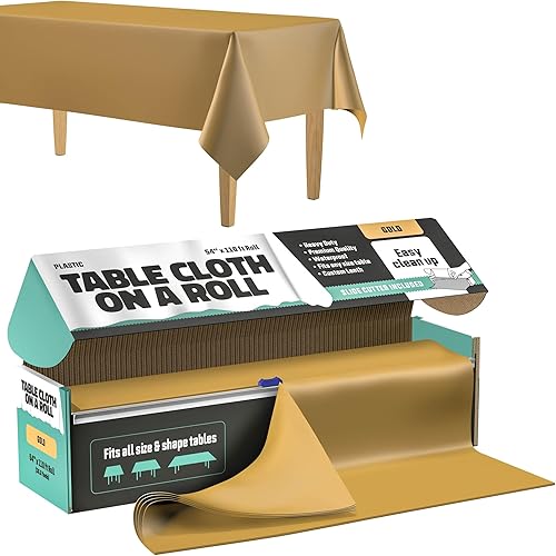 Rollo de mantel  54 pulgadas x 110 pies, color dorado, de plástico de alta calidad, con caja cortadora, cortado a medida, mantel rectangular