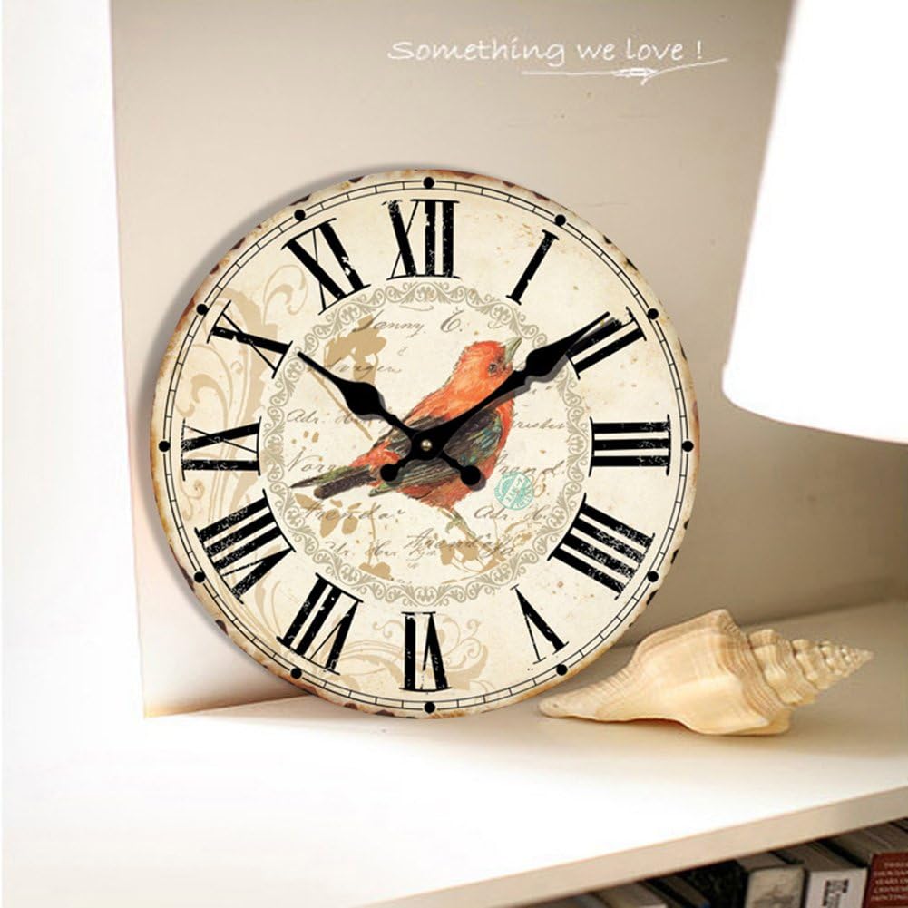 Yeyo 12 Inch Silent Wooden Wall Clock Pretty Bird Picture Home Decoration French Country MDF Wooden Clock Painted Retro Style for Home Living Room Office (12inch)