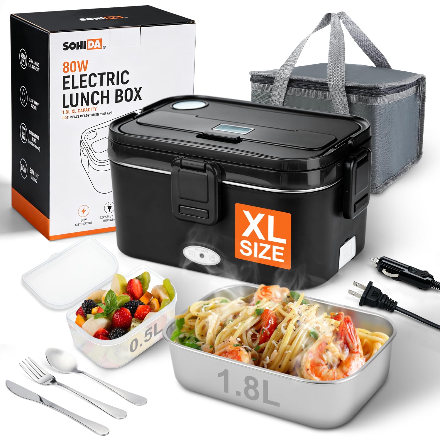 1.8L Heated Lunch Box for Men, Portable Food Warmer for Car/Truck/Office Black