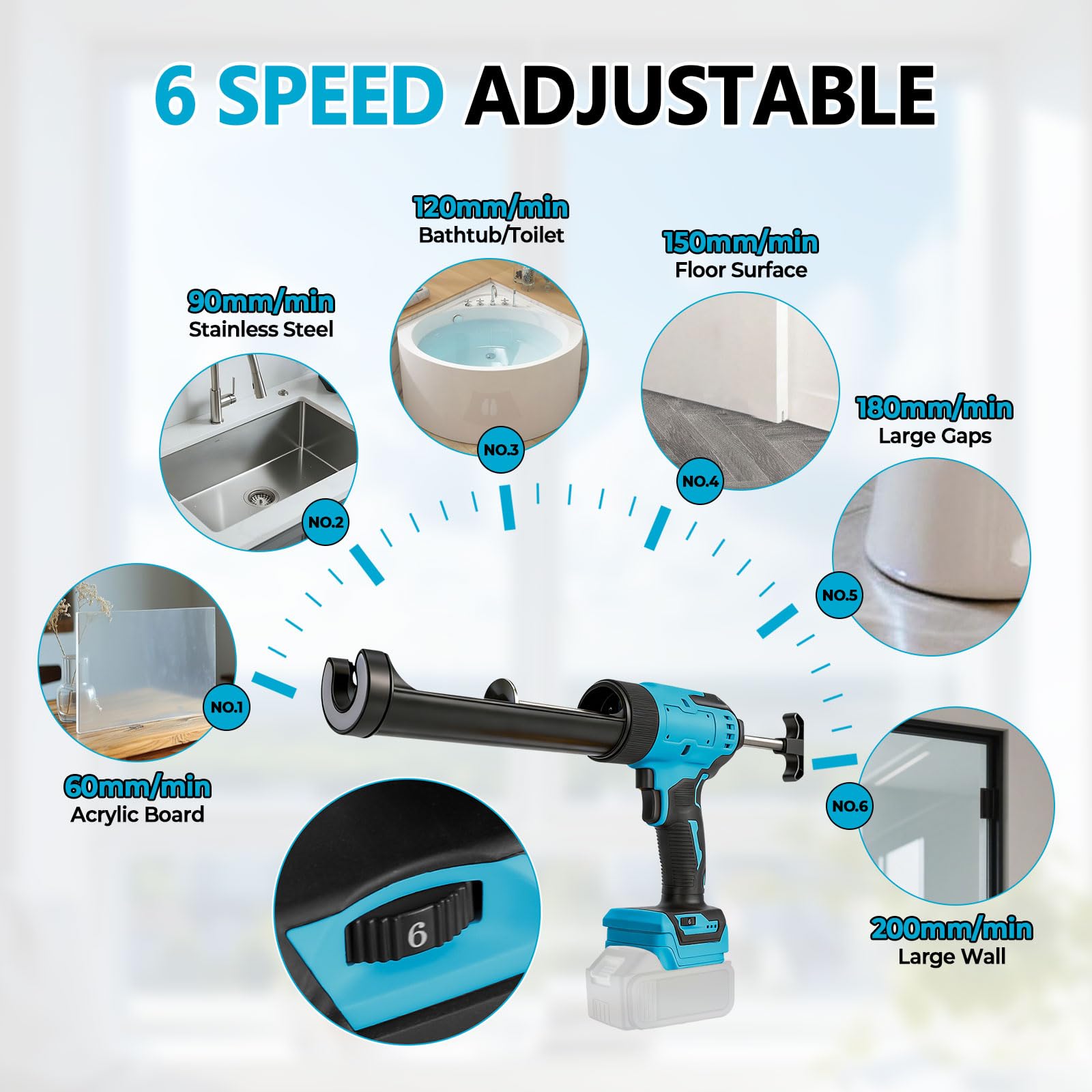 Pistolet à calfeutrer sans fil pour Makita 18 V, pistolet à mastic électrique en silicone pour cartouches de 300 ml avec 6 vitesses réglables, affichage numérique, lumière LED et anti-goutte, pour