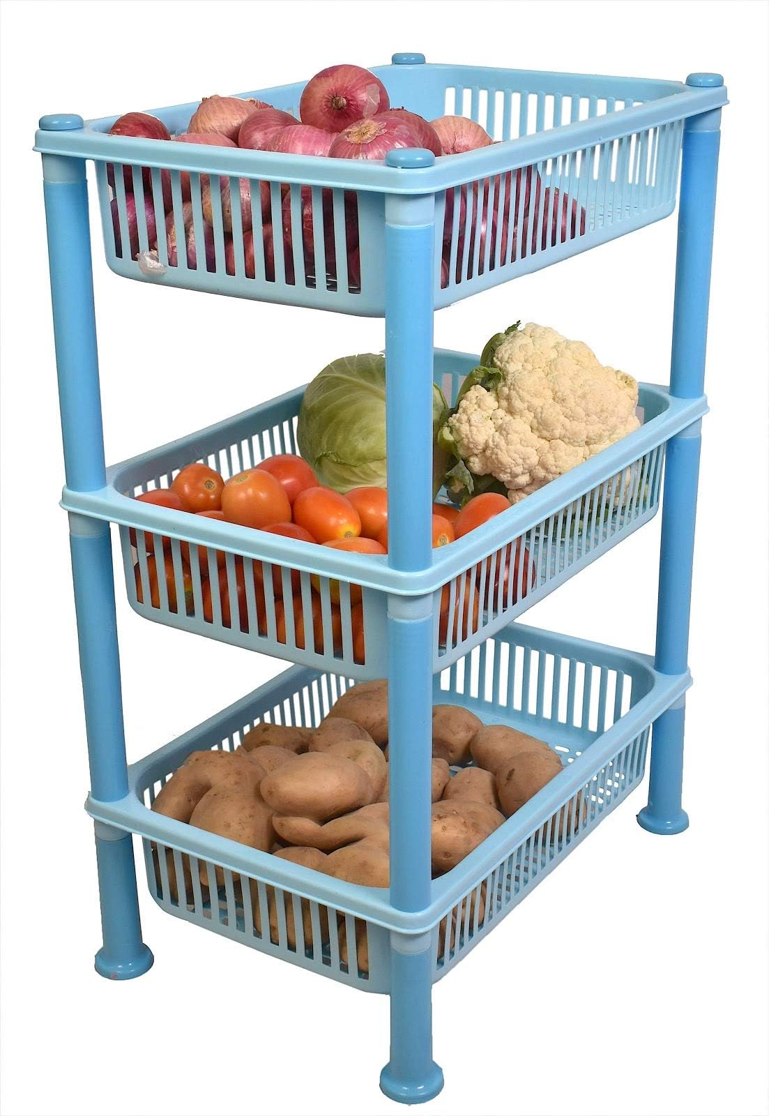 Plastic Vegetable Stand for Modern Kitchen Fruit/Sabji/Multipurpose Storage Rack, 3 Tier, Light Blue