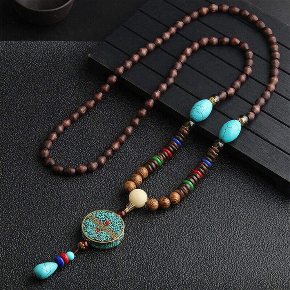 HXSCOO Handmade Nepal Buddhist Mala Wood Beads Pendant Necklace Boho Hippie Style Ethnic Long Pendant Men Women Lucky Jewelry Gifts (Color : F)