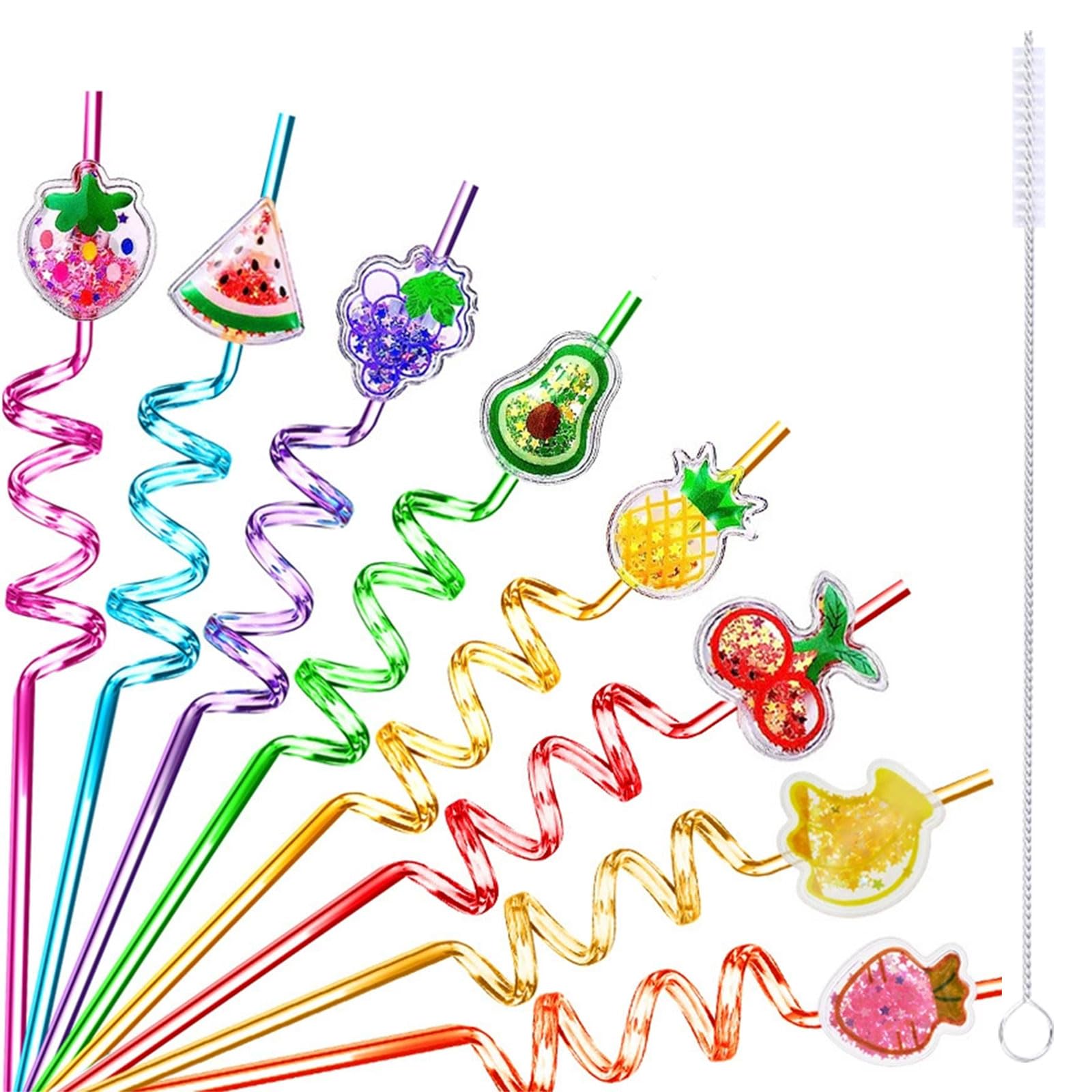 8 Pcs Party Curly Straws Reusable Drinking Straw with Stainless Steel Straw Cleaning Brush Plastic Novelty Cartoon Theme Spiral Straws for Adults Boys Girls Birthday Party Decoration (Glitter Fruit)