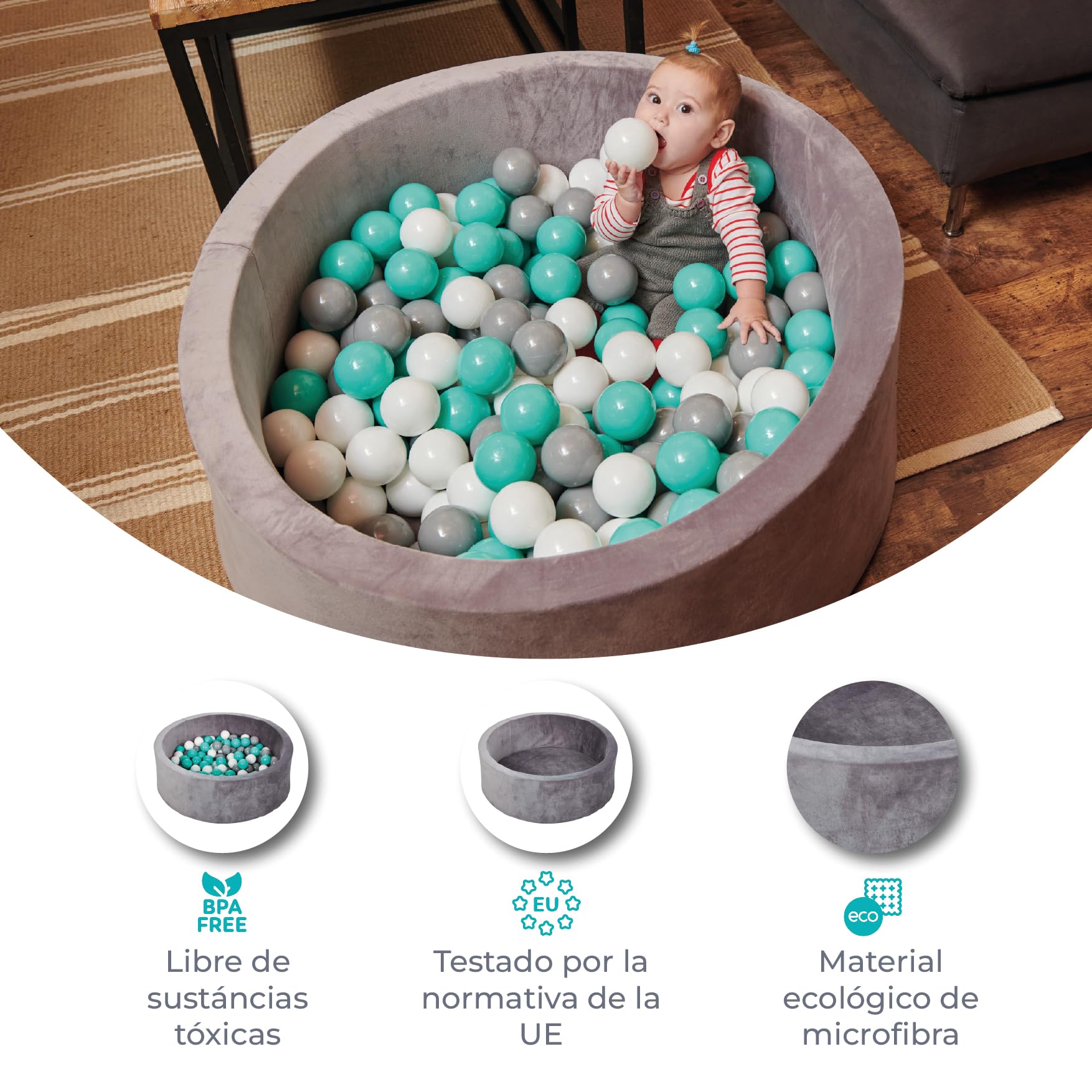 MS BabyWorld – Piscina de Bolas Misti – Piscina de Espuma Redonda para Bebé | +100 Bolas Incluidas | Parque Sensorial | Acolchada y Suave al Tacto | Ideal para Interiores