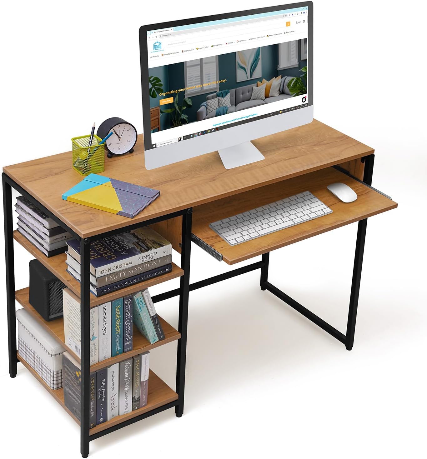 ABOUT SPACE Computer Table with 3 Tier Bottom Storage & Keyboard Tray - Modern Tabletop Office Desk for PC, Laptop, Study, Writing & Gaming Open Bookshelf Lower Storage [L 100 x B 45 x H 75 cm] Teak