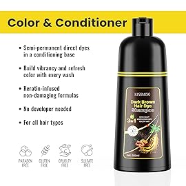 KINGMING Dark Brown 3 in 1 Hair Dye Shampoo for Gray Coverage, Herbal Ingredients for Men and Women, 500ml (Dark Brown)