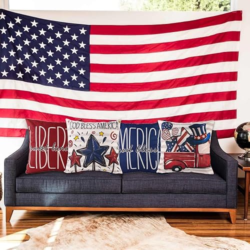 Miniatura 7 de Fundas de almohada del 4 de julio de 18 x 18 pulgadas, fundas de almohada de independencia, Día de los Caídos de Estados Unidos, rayas patrióticas,