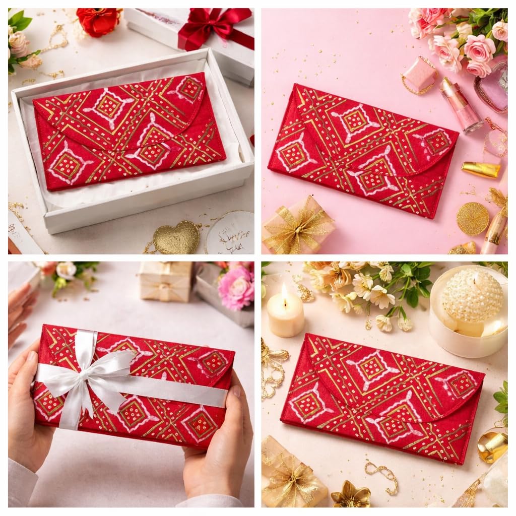 Red Silk Money Cover | Hand-Painted Geometric Cash Envelope for Weddings, Shagun & Festive Gifting - Reusable Traditional Fabric Envelope 3