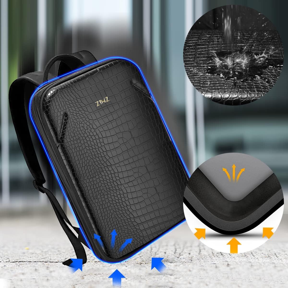 ZINZ Protective Laptop Backpack, Expandable Computer Bag Rucksack with Hard Leather Cover & 3 Compartments for 15 15.6 16 inch Notebooks, Ergonomic Shoulder Strap，B01K01