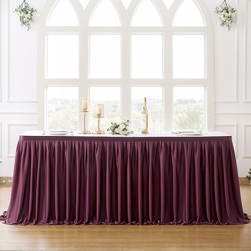 Miniatura 8 de Partisky Falda de mesa de poliéster burdeos para mesas rectangulares de 6 pies, mantel plisado resistente a las arrugas con volantes para banquetes,