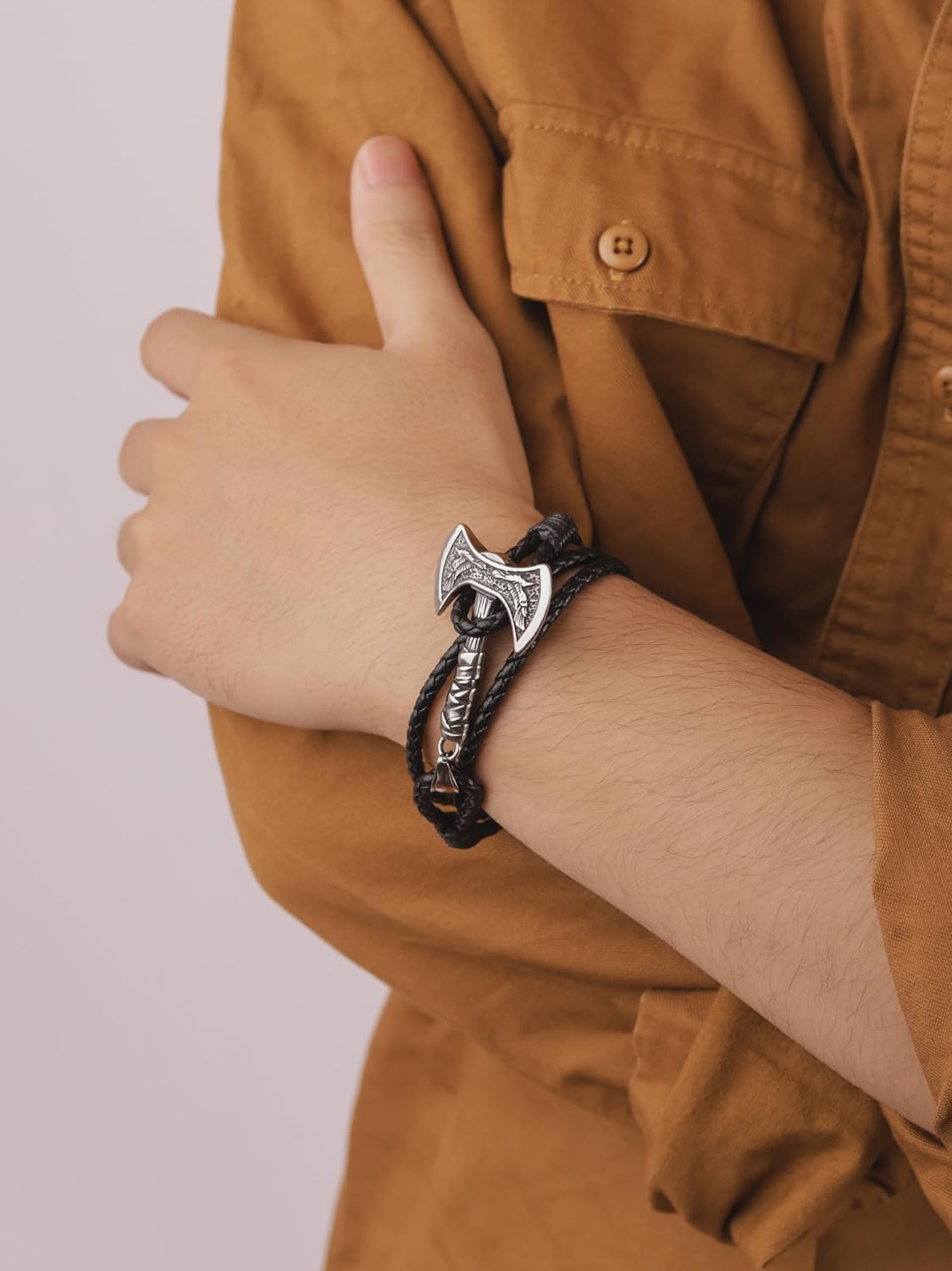 HAQUIL Viking Hammer Double Layer Mens Rustic Leather Bracelet Boho Style Wristbands Cuff