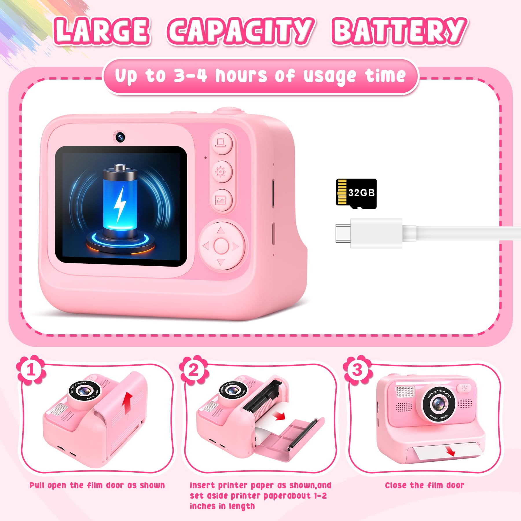 Subtail Camara Fotos Infantil Instantanea - 2,4 1080P Cámara Instantánea para Niños con Papel de Impresión | Tarjeta de 32G - Camara Fotos Infantil Regalos de Juguete para Niños Niñas 3-12 Años