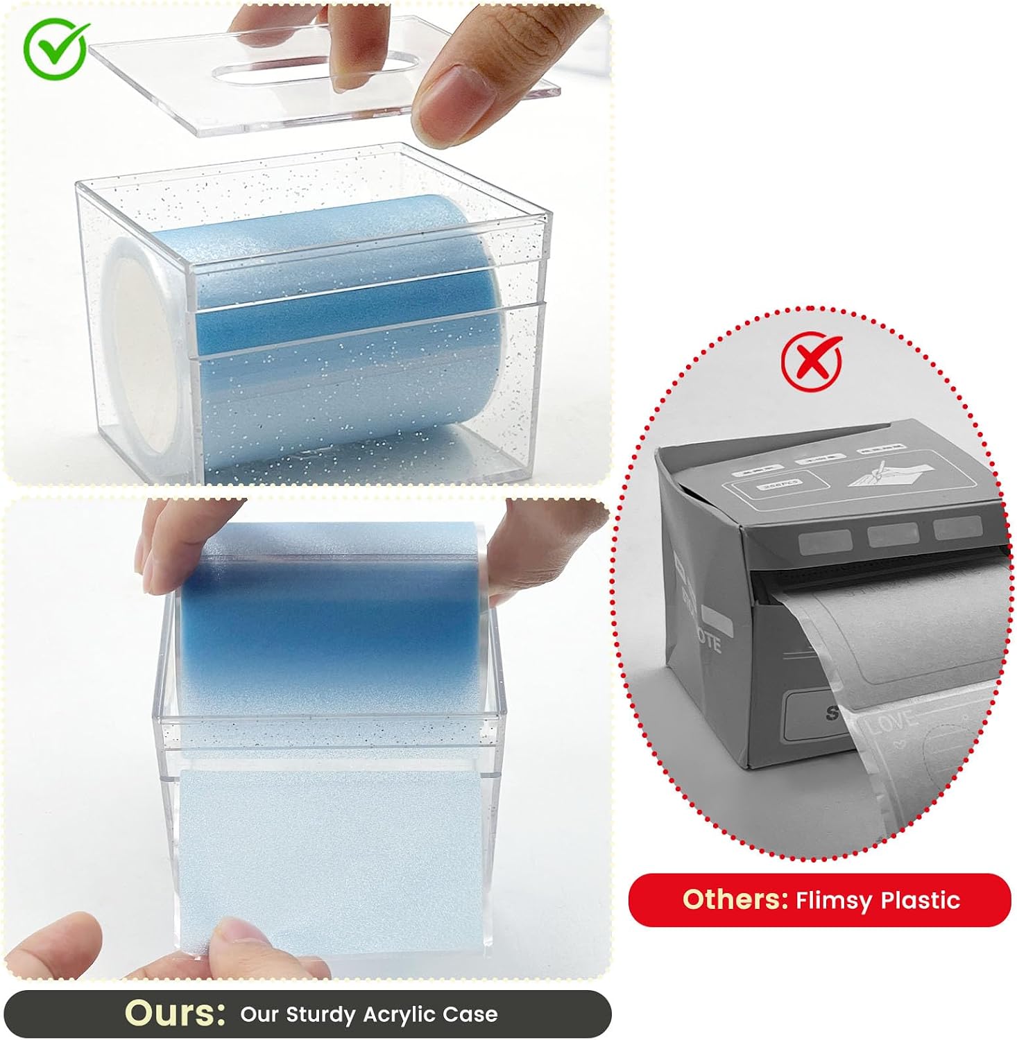Daily Treasures 4-Pack Transparent Sticky Notes with Acrylic Pull Out Dispenser Boxes, 420 Sheets Pull-Out 28 Pearlescent Full Adhesive Memo Pads Sticker Label for Planners, Office, School (70x50mm)