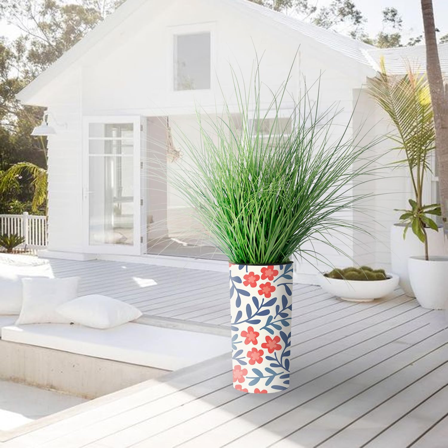 Artificial Tree in Contemporary Daisy Flower Pattern Planter, Fake Onion Grass Silk Tree for Indoor and Outdoor Home Decoration - 55" Overall Tall (Plant Pot Plus Tree)