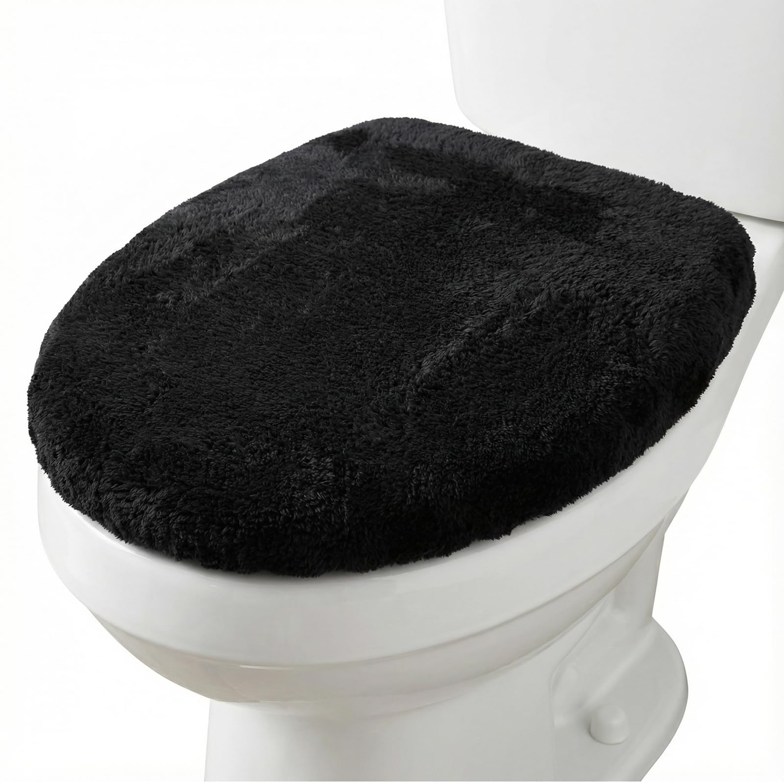 Toilet Seat Lid Cover Microfiber Soft Velvet Toilet Cover Durable Adjustable Stretch Fuzzy Seat Covers with Elastic Bottom Absorbent Machine Washable Comfortable for Most Toilets Lids (Black)