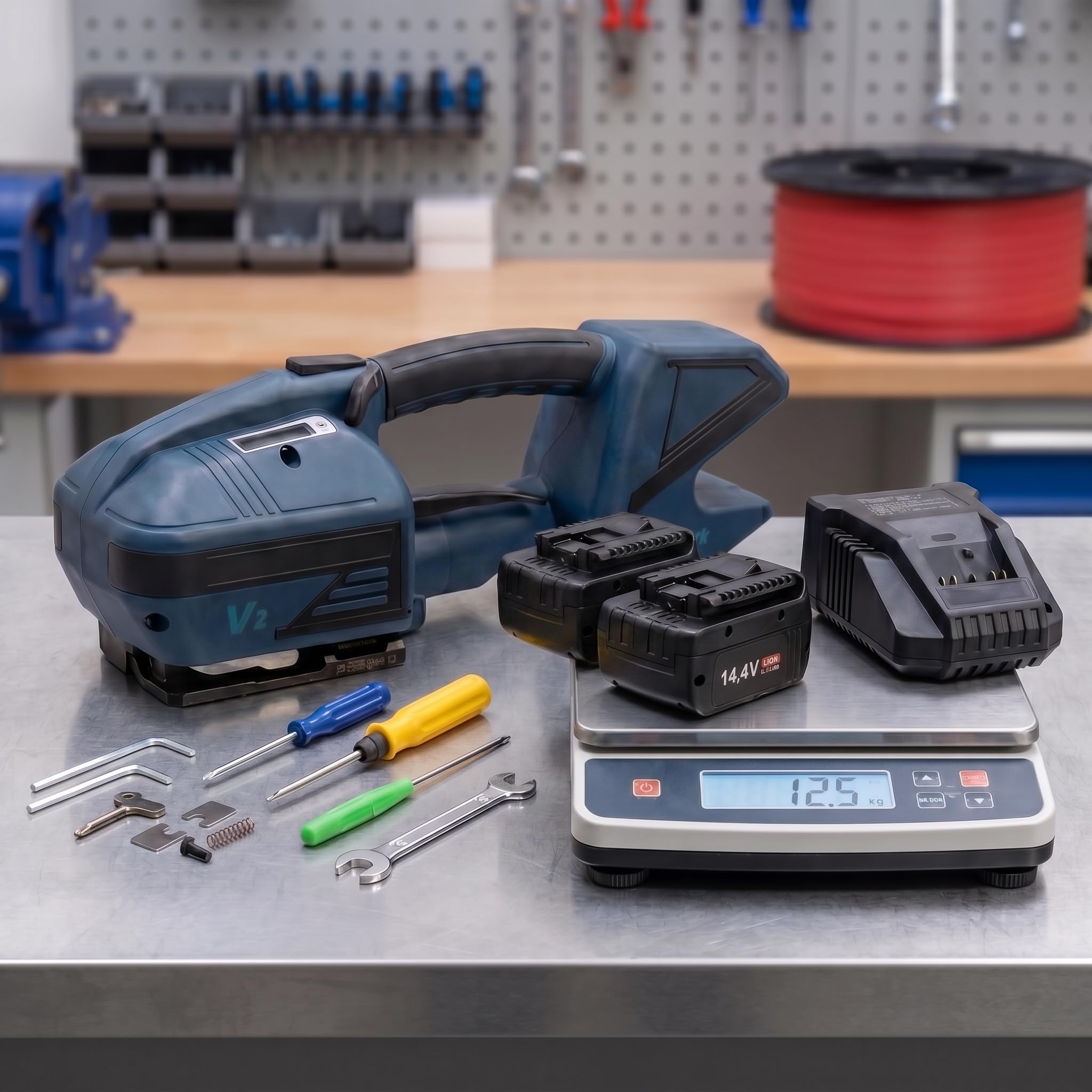 V2 Akku Umreifungsgerät für PP & PET Band 13–16 mm – Elektrisches Hand Umreifungsgerät mit 2x 4000 mAh Akku, 3200 N Spannkraft, Halbautomatische Verpackungsmaschine