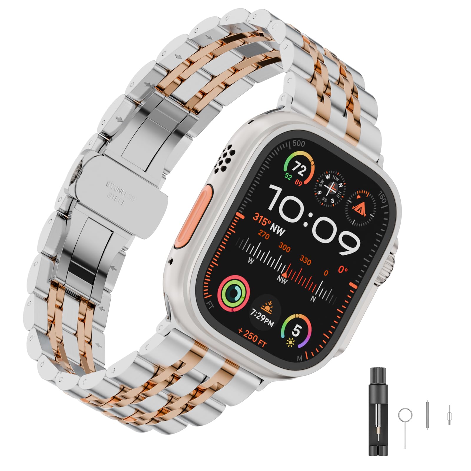 HUANLONG Solid Stainless Steel Band Compatible with Apple Watch 49mm 46mm 45mm 44mm 42mm 41mm 40mm 38mm, Metal Strap for iWatch Series Ultra/Ultra2/10