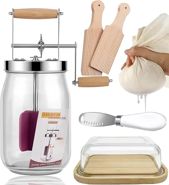 Manual Butter Churn Kit - Wooden Hand - Crank Butter Maker with Glass Jar, Perfect for Fresh Cream, Keto Butter & Sustainable Homesteading (1.5L)