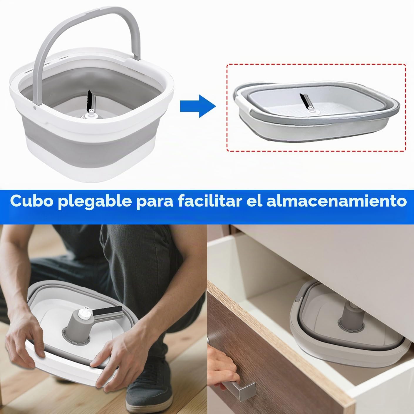 Sgizoku Juego de fregona con cubo plegable, fregona giratoria de 360° con prensa, lavado y secado, con 2 almohadillas de microfibra reutilizables para todo tipo de suelos
