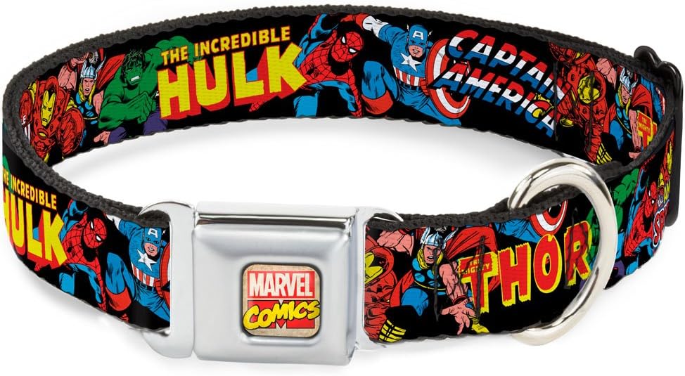 Buckle-Down Seatbelt Buckle Dog Collar - 5-Marvel Characters Black - 1" Wide - Fits 9-15" Neck - Small