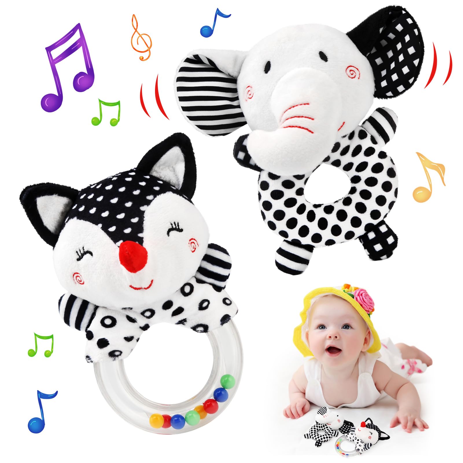 JoyLife Juguetes Bebes 0 3 6 12 Meses, blanco y negro Pesa sonajeros de felpa uguete Actividades Regalos para Bebe Recien Nacidos Niños Niñas 0+ Mes - 2 Piezas