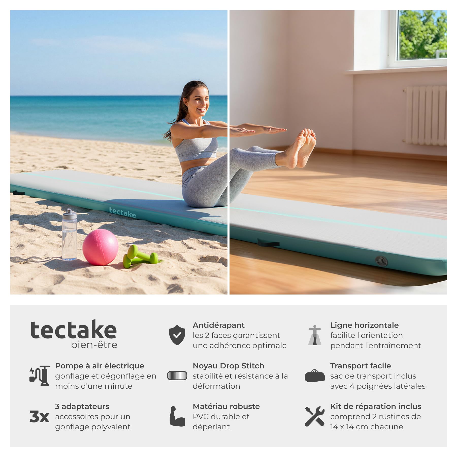 tectake® Tapis de sport Airtrack 397 x 104 x 10 cm, Tapis de gymnastique gonflable épais, Tapis de yoga Pliable, Antidérapant & Imperméable, Gonflage rapide, Fitness Arts martiaux Pilates Musculation